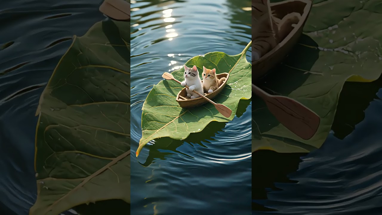 两只可爱小猫坐在叶形小船里，萌翻你的心！