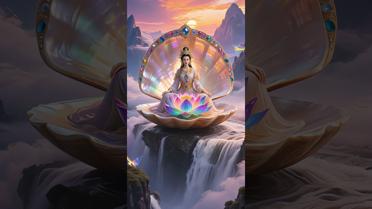 女神端坐于盛开的彩色琉璃莲花之上